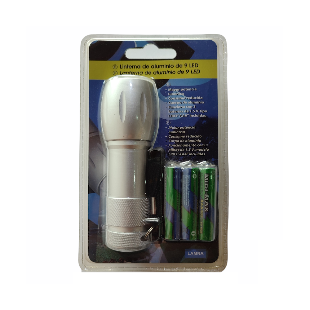 Linterna de Aluminio 9 Leds con Pilas