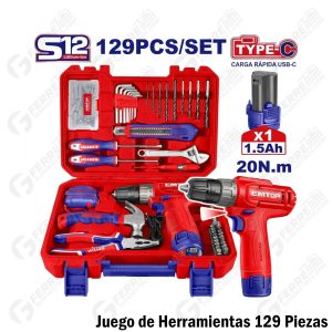 Juego de Herramientas con Taladro Inalámbrico 12V EMTOP - Modelo EEDK12901 (129 Piezas)