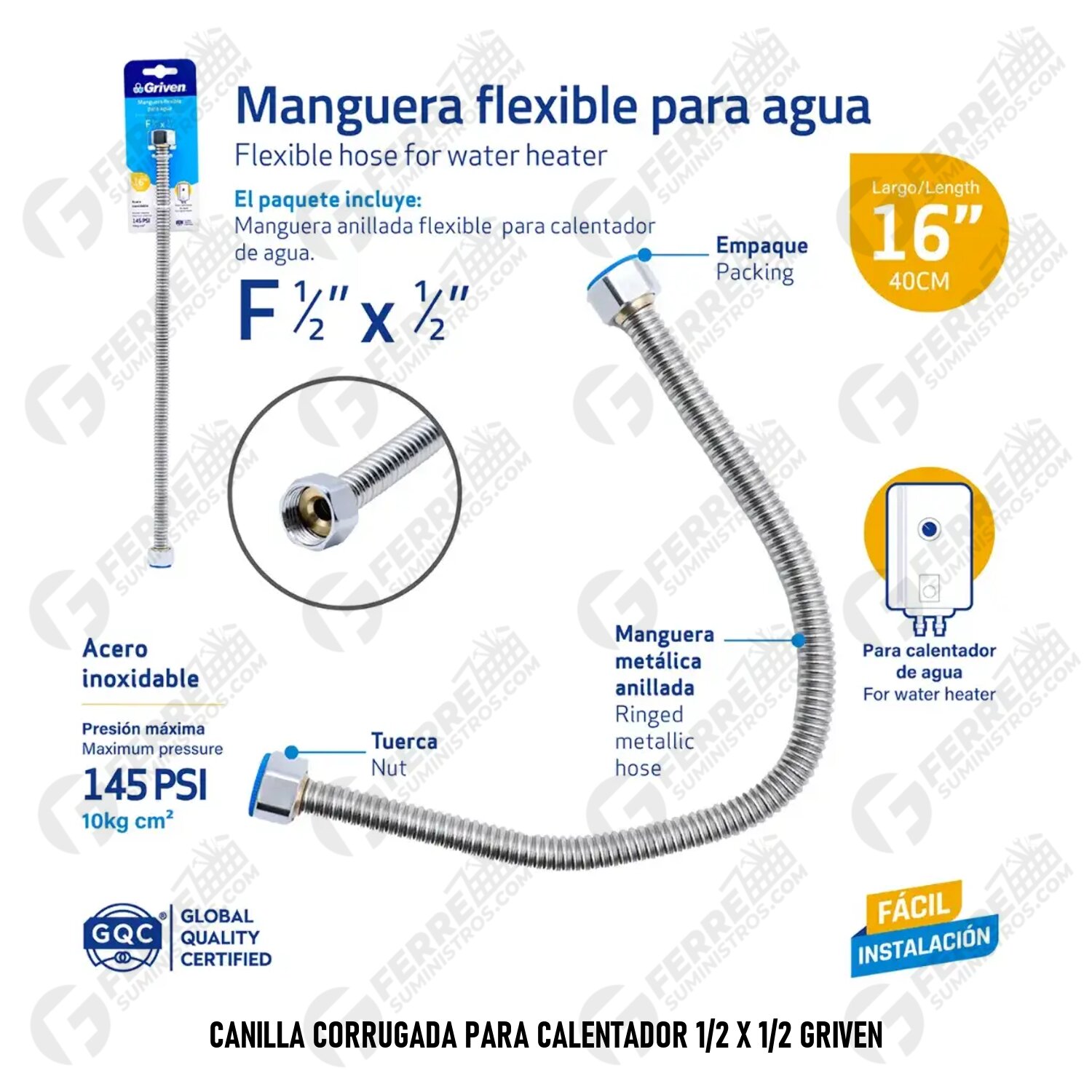Canilla Corrugada para Calentador 1/2 X 1/2 GRIVEN