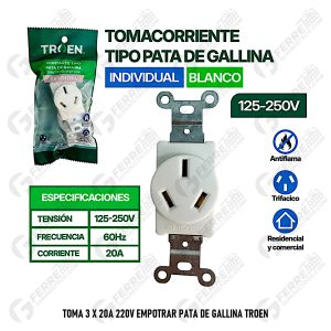 Toma 3 X 20A 220V Empotrar Pata de Gallina TROEN