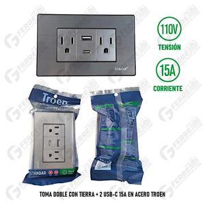 Toma Doble con Tierra + 2 USB-C 15A en Acero TROEN