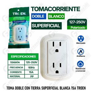 Toma Doble Con Tierra Superficial Blanca 15A TROEN