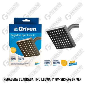Regadera Cuadrada Tipo Lluvia 4" Acabado Satinado GV-SHS-A4 GRIVEN