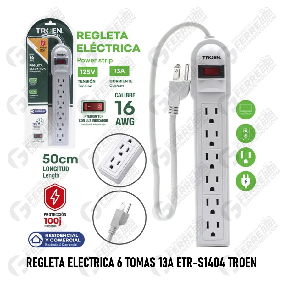 Regleta Eléctrica 6 Tomas 13A ETR-S1404 TROEN