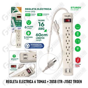 Regleta Eléctrica 6 Tomas + 2USB ETR-J1502 TROEN