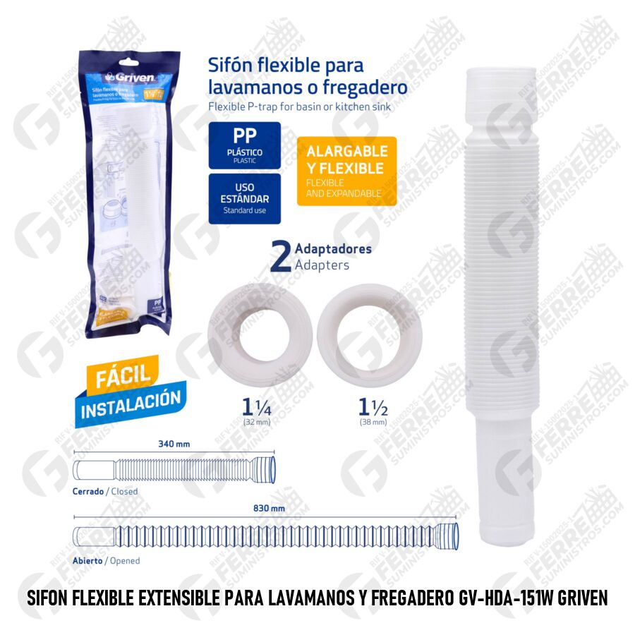 Sifón Flexible Extensible para Lavamanos y Fregadero GV-HDA-151W GRIVEN