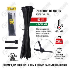 Tirrap de Nylon Negro 4.8mm X 300mm CV-CT-48300-B COVO